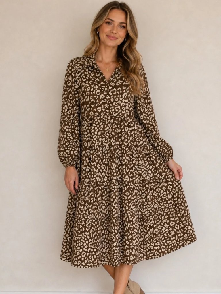 Sage & Fig Brown And Cream Leopard Print Tiered Women's Dress
